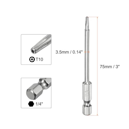 HARFINGTON 2pcs T10 Security Torx Bit 1/4" Hex Shank 3" Long S2 Steel Magnetic Tamper Resistant Star Bits Screwdriver Torx Head with Hole for Driver Drill Bits Remove Fastening Screws - size: T10