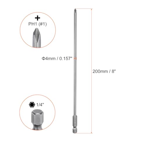 HARFINGTON 2pcs #1 Phillips Screwdriver Bit PH1 1/4" Hex Shank 8" (200mm) Long Magnetic S2 Steel Industrial Grade Screw Driver Bit Cross Head Electric Drill Bits 0.157" (4mm) Rod - size: PH1 x 200mm x 4mm