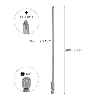 HARFINGTON 2pcs #1 Phillips Screwdriver Bit PH1 1/4" Hex Shank 8" (200mm) Long Magnetic S2 Steel Industrial Grade Screw Driver Bit Cross Head Electric Drill Bits 0.157" (4mm) Rod - size: PH1 x 200mm x 4mm