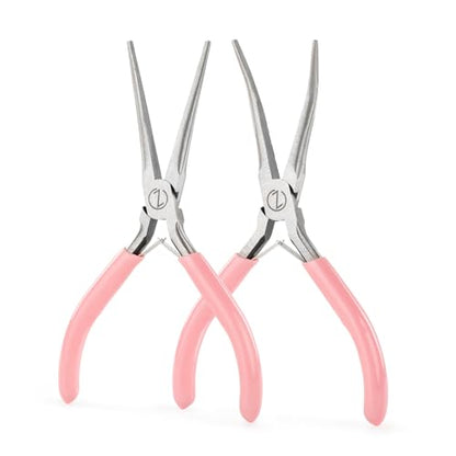 VISEMAN 6" Mini Needle Nose Pliers, 2PCS Pink Long Nose Pliers Set | with Comfort Handles for Handmade Craft - style: Pink (Straight + 45-Degree Bent)