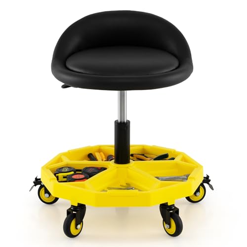 Mechanic Stool, 350 LBS Capacity Rolling Shop Stool with Lockable Wheels, 2 Magnetic Tool Trays & Padded Seat, 20"-25" Height Adjustable Workshop Chair Creeper Seat for Garage, Auto Repair