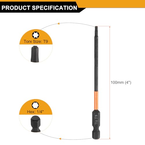 HARFINGTON 3pcs T9 Torx Head Screwdriver Bit 4" (100mm) Long 1/4" Hex Shank Magnetic No Hole Tamper Proof 6 Point Star Screw Driver Drill Bits Phosphate S2 Steel Industrial Power Tools - size: T9 x 100mm