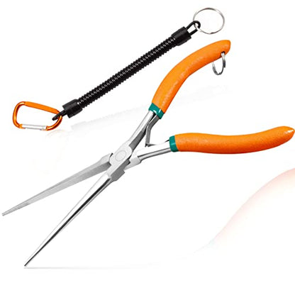 Long Reach Needle Nose Pliers 7" Thin Extra Long Needle Nose Plier | Serrated Jaw, Curved Handle, Lanyard, Spring Loaded, for Jewelry Making, Fishing, Wire Wrapping, Crafts, Electronic Repair - style: Sharp Point