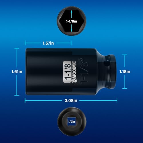 1/2" Drive x 1-1/8 Inch Deep 6PT CR-MO Impact Socket for Removing Axle nut | SAE Socket,6-Point Radius Corner Design,Two Size Markings,Square Chamfered Opening,For Removal of Axle Nut - size: 1-1/8 Inch, style: 1/2" Drive Deep Socket