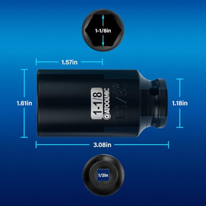 1/2" Drive x 1-1/8 Inch Deep 6PT CR-MO Impact Socket for Removing Axle nut | SAE Socket,6-Point Radius Corner Design,Two Size Markings,Square Chamfered Opening,For Removal of Axle Nut - size: 1-1/8 Inch, style: 1/2" Drive Deep Socket