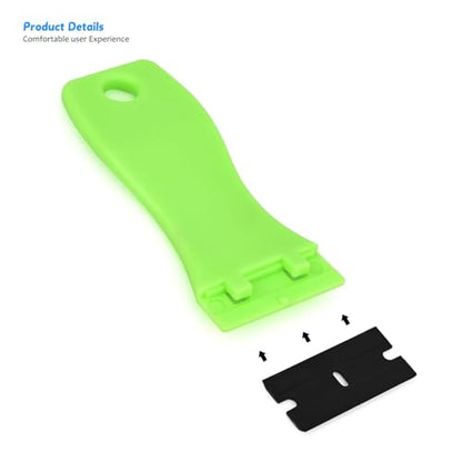 EHDIS 1.5" Plastic Razor Scraper with 10pcs Double Edged Plastic Blades for Removing Labels Stickers Decals on Glass Windows - color: Noen Green