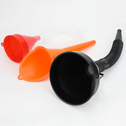 3 Pack Automotive Oil Funnel Set, Wide Mouth Fuel Funnels with Flexible Long Neck, Detachable Spout & Filter for Gas, Water, Coolant, Engine Oil