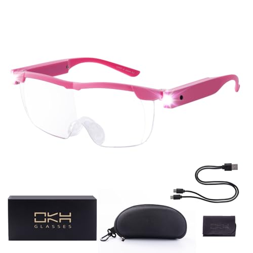 OKH 160% Magnifying Glass with Light, Rechargeable Lighted Magnifying Glass, Jewelry Magnifier with 2 LED Lights, Pink Magnifying Glasses for Close Work Reading Crafts Jewelry - color: Pink, size: 1.6x