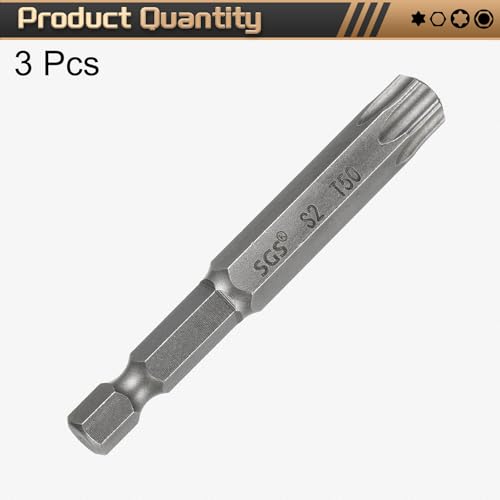 HARFINGTON 3pcs T50 Torx Head Screwdriver Bit 1/4" Hex Shank 2.6" (65mm) Long Magnetic No Hole Tip Tamper Proof 6 Point Star Screw Driver Drill Bits S2 Steel Industrial Power Screwdrivers - size: T50 x 2.6"(65mm)