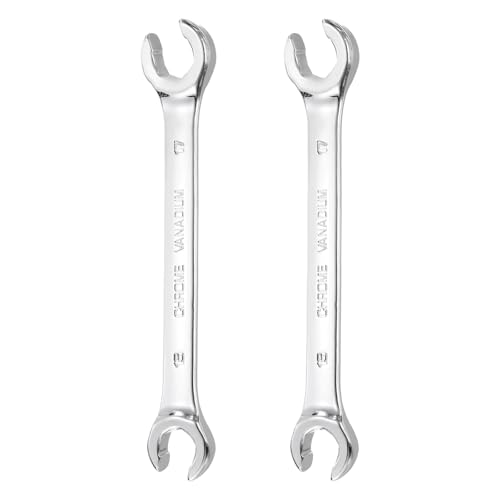 HARFINGTON 2 Pcs Flare Nut Wrench 15mm x 17mm Metric Double Open End Thick Spanner Mirror Polish Finish 45# Steel Brake Line Wrench For Fuel Tube Hose Transmission Line, Silver - size: 15mm x 17mm