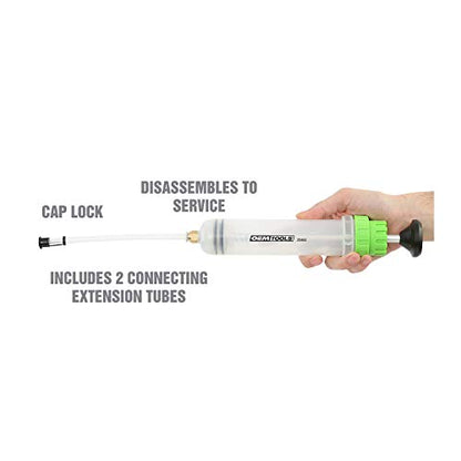 OEMTOOLS 200cc Small Fluid Extractor and Filler Pump – Precision Vacuum Pump for Brake Fluid, Power Steering, Coolant, and Small Oil Jobs – Dual-Scale Cylinder, Extension Tubes, Serviceable Design - style: 200cc