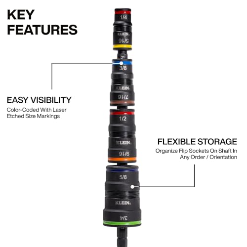 Klein Tools 32933M 6-in-1 Metric Impact Socket Set, 3 Flip Sockets with 7, 8, 10, 12, 13 and 14 mm Nut Driver Sizes, Impact Rated 5-Inch Shaft - style: 6-in-1