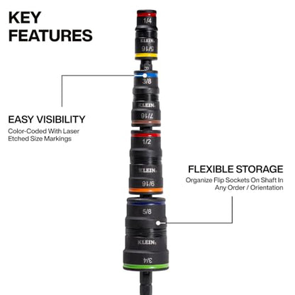 Klein Tools 32933M 6-in-1 Metric Impact Socket Set, 3 Flip Sockets with 7, 8, 10, 12, 13 and 14 mm Nut Driver Sizes, Impact Rated 5-Inch Shaft - style: 6-in-1