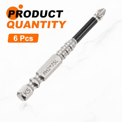 HARFINGTON 6pcs Impact Phillips Screwdriver Bit PH2 (#2) Anti Slip Tip 1/4" Hex Shank 3" (75mm) Long Magnetic Cross Screw Driver Industrial Power Drill Bits for Remove Fastening Screws - size: 3 inch