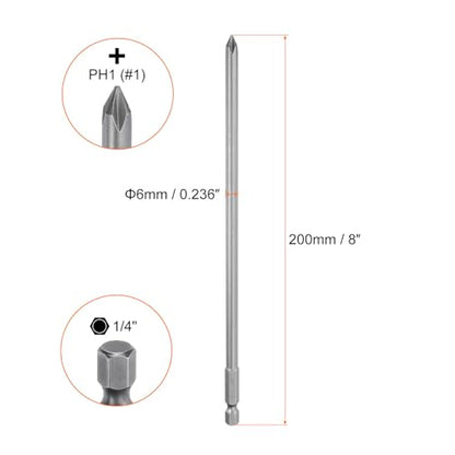 HARFINGTON 5pcs #1 Phillips Screwdriver Bit PH1 1/4" Hex Shank 8" (200mm) Long Magnetic S2 Steel Industrial Grade Screw Driver Bit Cross Head Electric Drill Bits 0.236" (6mm) Rod - size: PH1 x 200mm x 6mm