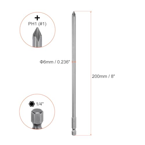 HARFINGTON 2pcs #1 Phillips Screwdriver Bit PH1 1/4" Hex Shank 8" (200mm) Long Magnetic S2 Steel Industrial Grade Screw Driver Bit Cross Head Electric Drill Bits 0.236" (6mm) Rod - size: PH1 x 200mm x 6mm