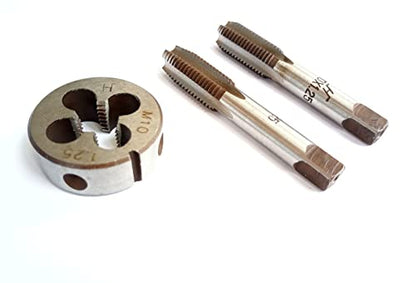AtticZone M10 x 1.25 Metric Hand Thread Tap and Die Set, Right Hand 10 * 1.25, Alloy Tool Steel, 1 Taper Tap, 1 Plug Tap, 1 Round Die for Metal Working DIY Industrial - size: M10x1.25