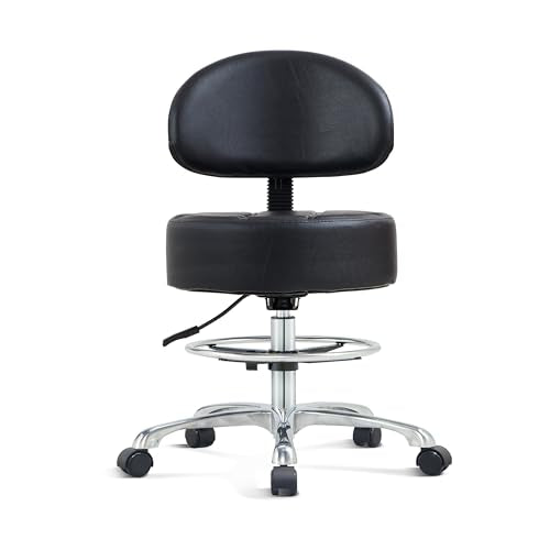 Height Adjustable Rolling Shop Stool with Back Support - Kitchen Stool with Wheels Heavy Duty for Salon, Spa, Massage, Tattoo, Esthetician - Extra Thick for Extreme Comfort - color: Black, style: Royal