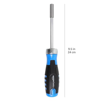 Amazon Basics 12-in-1 Ratcheting Magnetic Screwdriver Set with Bit Storage in Handle, Portable Repair Tool Kit, Security Torx, Phillips, Flat, Hex, Torx, Black, Blue, Silver