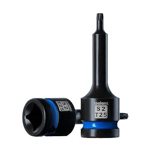 toolant 1/2-Inch Drive T25 Impact Torx Bit Sockets, 2-Piece | S2 steel one-piece sockets feature manganese phosphate coating, pin holes, and laser-etched markings - size: T25