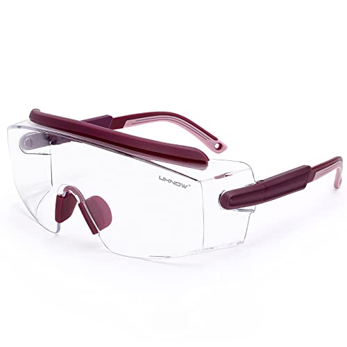UKNOW Safety Goggles Over Glasses, Anti Fog Safety Glasses with Clear Wraparound Lens, ANSI Z87.1 Protective Eyewear - color: Burgundy