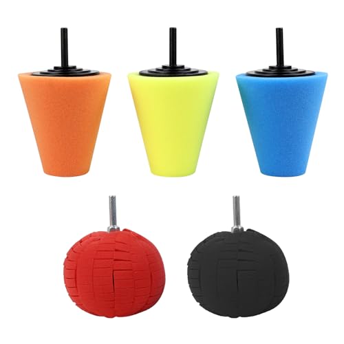 Hovom 5PCS Car Wheel Hub Drill Buffing Sponge Pads Kit, Car Polishing Foam, Sponge Buffing Cone and Polishing Ball Set, Wheel Cleaning Tools Polishing Pads for Drill Attachment (5PCS) - size: 5PCS
