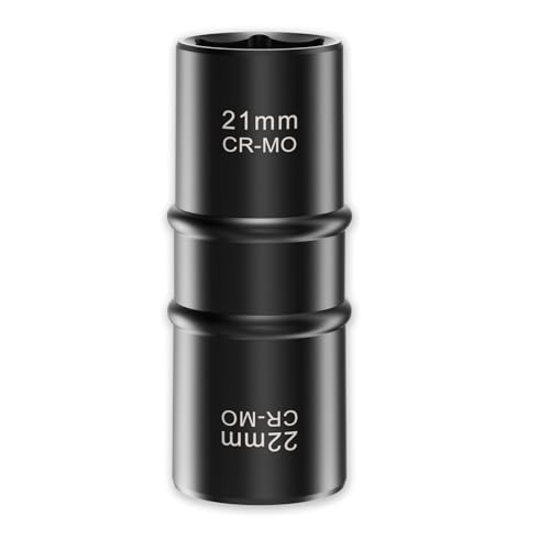 XEWEA 1/2 Inch Drive 21mm x 22mm Thin Wall Impact Flip Socket, Lug Nut Impact Socket Set Double Ended Thin Wall Nut Sockets CR-MO Twist Removal Tool for Stripped Rusted Bolts - size: 21 mm x 22 mm