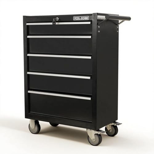 5-Drawer Rolling Tool Chest with Locking Wheels & Drawers, 13" D x 24.2" W x 34.6" H Mobile Tool Storage Cabinet, Heavy-Duty Garage Organizer w/Ergonomic Handle - color: White and Black