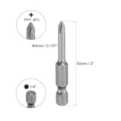 HARFINGTON 5pcs #1 Phillips Screwdriver Bit PH1 1/4" Hex Shank 2" (50mm) Long Magnetic S2 Steel Industrial Grade Screw Driver Bit Cross Head Electric Drill Bits 0.157" (4mm) Rod - size: PH1 x 50mm x 4mm