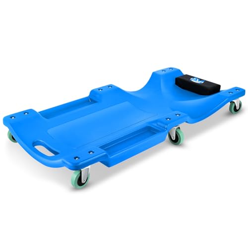 PM PERFORMOTOR 40Inch Low Profile Plastic Rolling Garage Shop Creeper with Padded Headrest,Tool Trays & 6pcs Casters, Blue, PM-TOL-CPC40-BL - color: Blue, size: 40 Inches