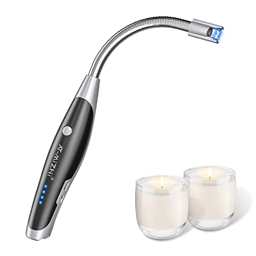 AT-Mizhi Candle Lighter, Long Neck Electric Lighter USB Rechargeable with 360° Flexible LED Display, Flameless and Windproof for Candles, BBQ, Cooking, Camping, Stove, Fireworks - color: N Black