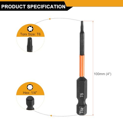 HARFINGTON 3pcs T6 Torx Head Screwdriver Bit 4" (100mm) Long 1/4" Hex Shank Magnetic No Hole Tamper Proof 6 Point Star Screw Driver Drill Bits Phosphate S2 Steel Industrial Power Tools - size: T6 x 100mm