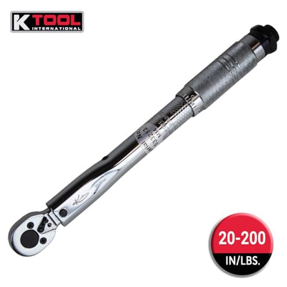 K Tool International 72100 Ratcheting Click Torque Wrench, 20 to 200 Inch Pound Range, Clockwise Operation, 4 Percent Accuracy, Audible Click, Compact Length