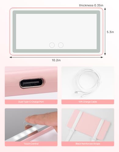 JOYTUTUS Car Sun Visor Vanity Mirror, Car Mirror with 3 Light Modes & 60 LEDs, Rechargeable, Touch Control, Universal Fit - color: Pink