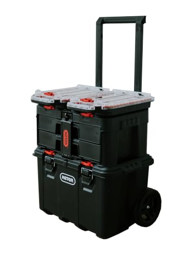 Stack N’ Roll 4-Piece Rolling Tool Storage System – Includes Large Rolling Tool Box, 2-Drawer Tool Box & 2 Tray Organizers | Modular Stackable Tool Storage with Wheels for Garage & Workshop - color: Black/Red, size: 4PC System