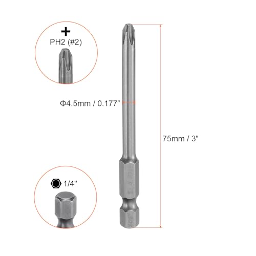 HARFINGTON 5pcs #2 Phillips Screwdriver Bit PH2 1/4" Hex Shank 3" (75mm) Long Magnetic S2 Steel Industrial Grade Screw Driver Bit Cross Head Electric Drill Bits 0.177" (4.5mm) Rod - size: PH2 x 75mm x 4.5mm
