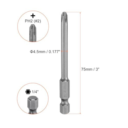 HARFINGTON 5pcs #2 Phillips Screwdriver Bit PH2 1/4" Hex Shank 3" (75mm) Long Magnetic S2 Steel Industrial Grade Screw Driver Bit Cross Head Electric Drill Bits 0.177" (4.5mm) Rod - size: PH2 x 75mm x 4.5mm