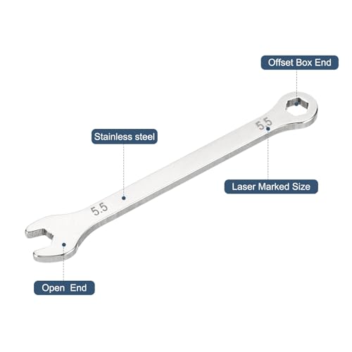HARFINGTON 2Pcs Mini Super Thin Combination Wrench 5.5mm Metric 6-Point Box and Open End Stainless Steel Double Ended Spanner Tool for Automotive Pipe Furniture Machinery DIY Repair, Silver - size: 5.5mm