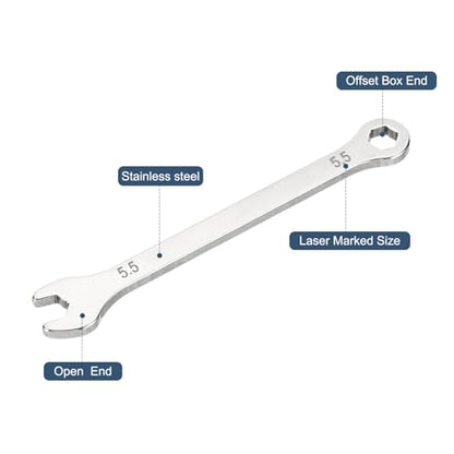HARFINGTON 2Pcs Mini Super Thin Combination Wrench 5.5mm Metric 6-Point Box and Open End Stainless Steel Double Ended Spanner Tool for Automotive Pipe Furniture Machinery DIY Repair, Silver - size: 5.5mm