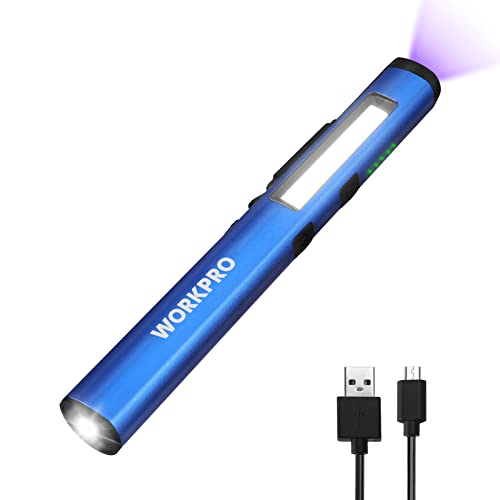 WORKPRO Rechargeable Pen Light, 450 Lumen LED Flashlight with UV Light | Pocket-Sized Design, Magnetic Clip Attachment, Easy Carrying, Emergency Inspection Use, Outdoor Task Lighting - color: Blue