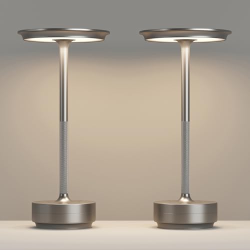 Rechargeable 2 Pack Cordless Table Lamps, 5000mAh Portable LED Table Light, 3 Color Stepless Dimming Battery Powered Metal Table Lamp for Outdoor Patio/Bedroom/Camping.(Silver) - color: Silver, size: 2 Pack