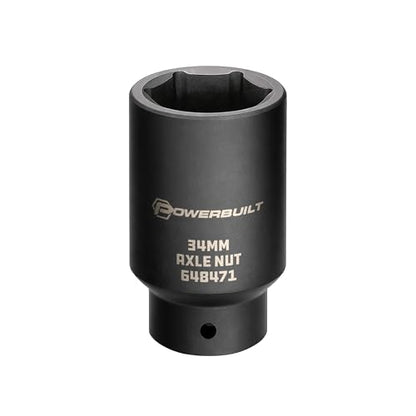 Powerbuilt 34mm Axle Nut Socket, 1/2 Inch Drive, Use with Impact Wrench, 6 Point Extra Deep, Remove Axle Shaft Nut - 648471, Black - size: 34mm