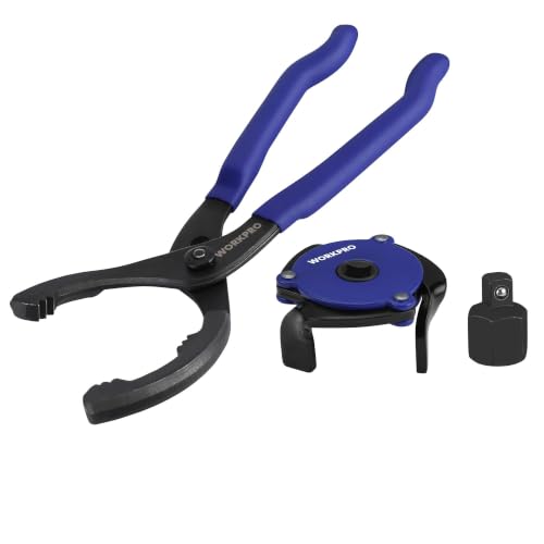 WORKPRO 2-Piece Oil Filter Wrench Set | 12” Adjustable Oil Filter Plier & 3-Jaw Universal Oil Filter Removal Tool for Car, Motorcycle, Truck Maintenance - color: Blue