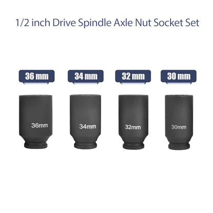 1/2" Drive 12-Point Metric Deep Spindle Axle Nut Socket Set, 4PC | Premium Cr-Mo Steel, 12-Point Extra-Deep Design, High-Contrast Laser Markings, Storage Case Included, Metric 4PC Set - color: 4pcs