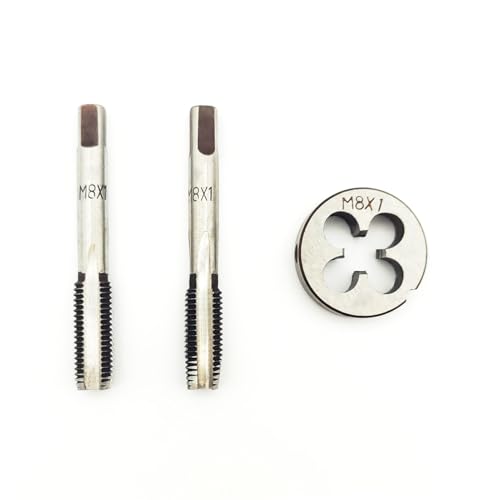 AtticZone M8 x 1.0 Metric Hand Thread Tap and Die Set, Right Hand 8 * 1.0, Alloy Tool Steel, 1 Taper Tap, 1 Plug Tap, 1 Round Die for Metal Working DIY Industrial - size: M8x1.0