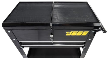 JEGS Heavy-Duty Tool Box Cart | 220 LBS Capacity | Uses Four 4" Caster Wheels | Includes 2 Keyes and 6 Drawer Liners | Black with JEGS Logo | 2 Locking Drawers | Sliding Top