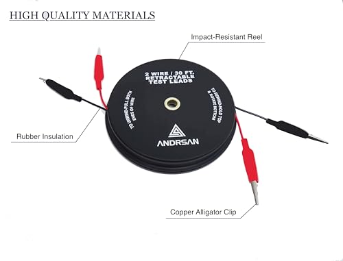 2 Wire 30’ Retractable Test Leads with 2” Alligator Clips, 18 Gauge Electrical Copper Wire, Impact-Resistant Reel, Black