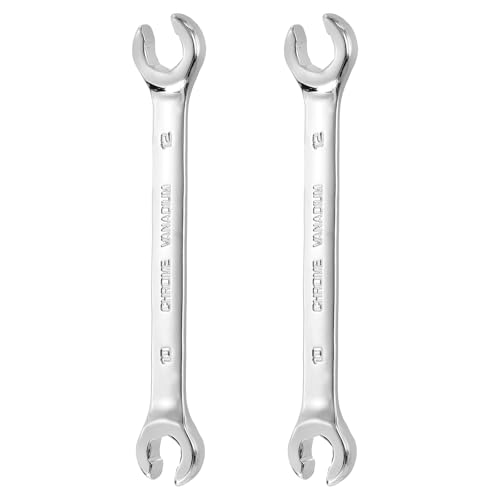 HARFINGTON 2 Pcs Flare Nut Wrench 10mm x 12mm Metric Double Open End Thick Spanner Mirror Polish Finish 45# Steel Brake Line Wrench for Fuel Tube Hose Transmission Line, Silver - size: 10mm x 12mm
