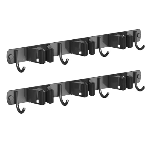 CUXIXA 2 Pack Mop and Broom Holder Wall Mount, Non-slip Broom Hanger Wall Mount, Heavy Duty Mop Broom Organizer for Kitchen Garden Garage Laundry Room Wall Decor Organization and Storage Black 3R4H - color: Black, size: 2 Pack 3 Racks with 4 Hooks