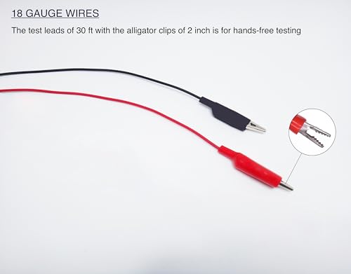 2 Wire 30’ Retractable Test Leads with 2” Alligator Clips, 18 Gauge Electrical Copper Wire, Impact-Resistant Reel, Black